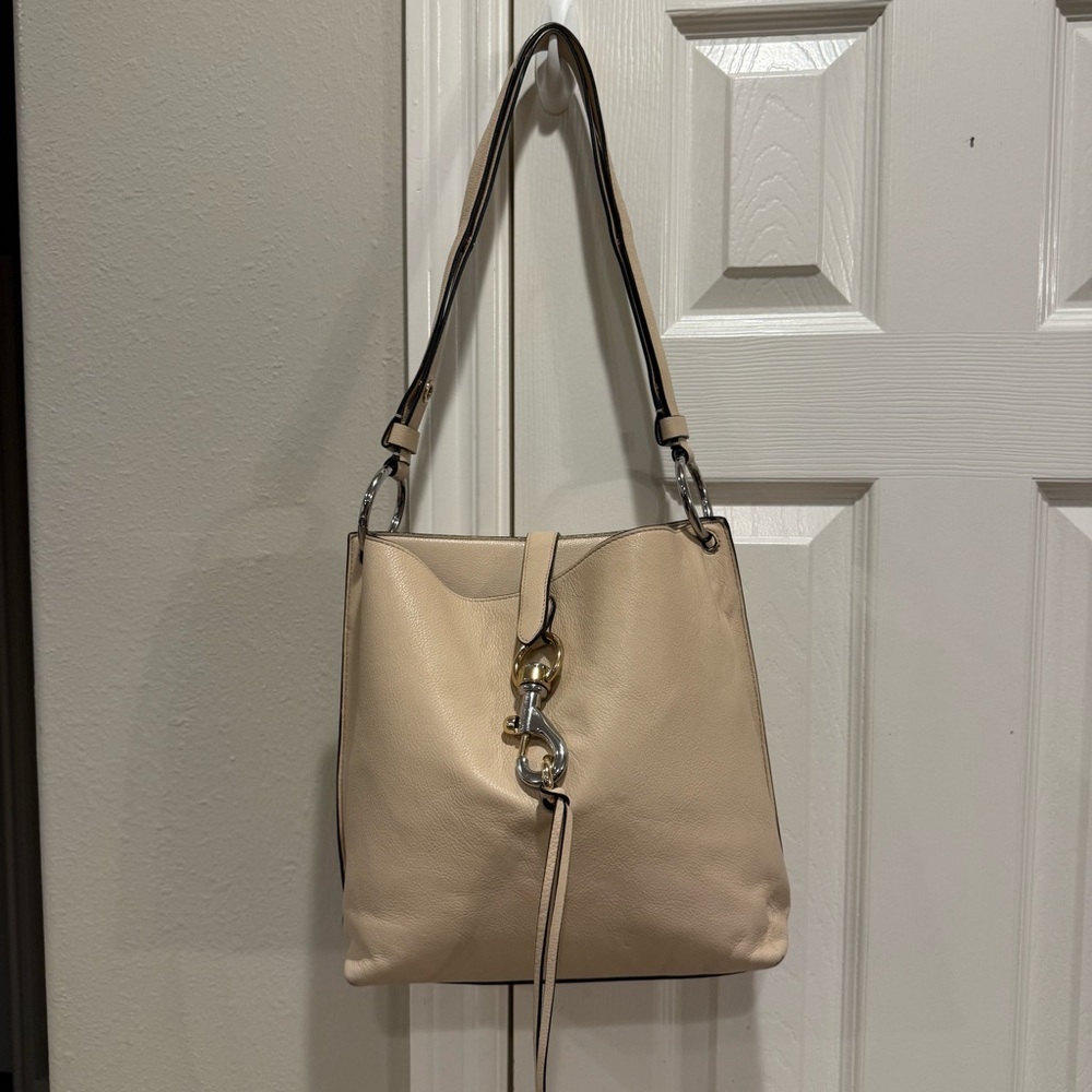 Rebecca Minkoff Beige Bone Leather Megan Small Feed Bag Designer Classic Capsule